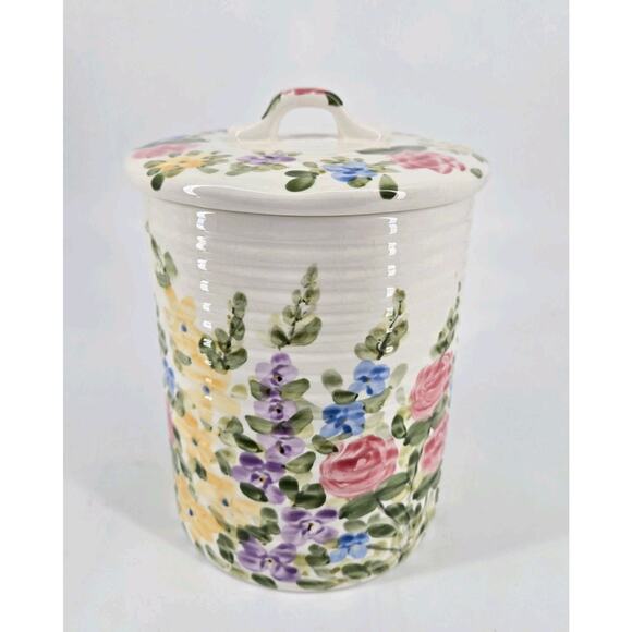 Whimsical Fairy Floral English Garden Tabletops Unlimited Medium Lidded Canister - Picture 1 of 10